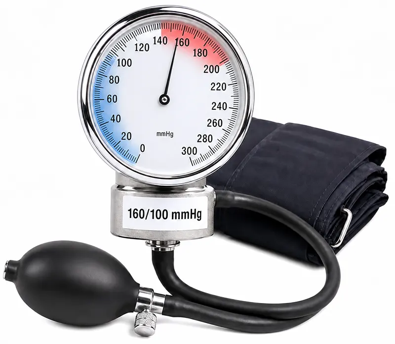 Arteriell hypertoni och högt blodtryck Blodtrycksmätare som visar högt blodtryck över 140/90 mmHg