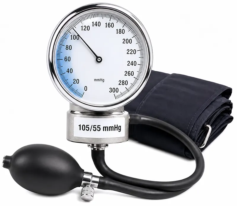 Hypotoni och lågt blodtryck Blodtrycksmätare som visar lågt blodtryck under 110/60 mmHg
