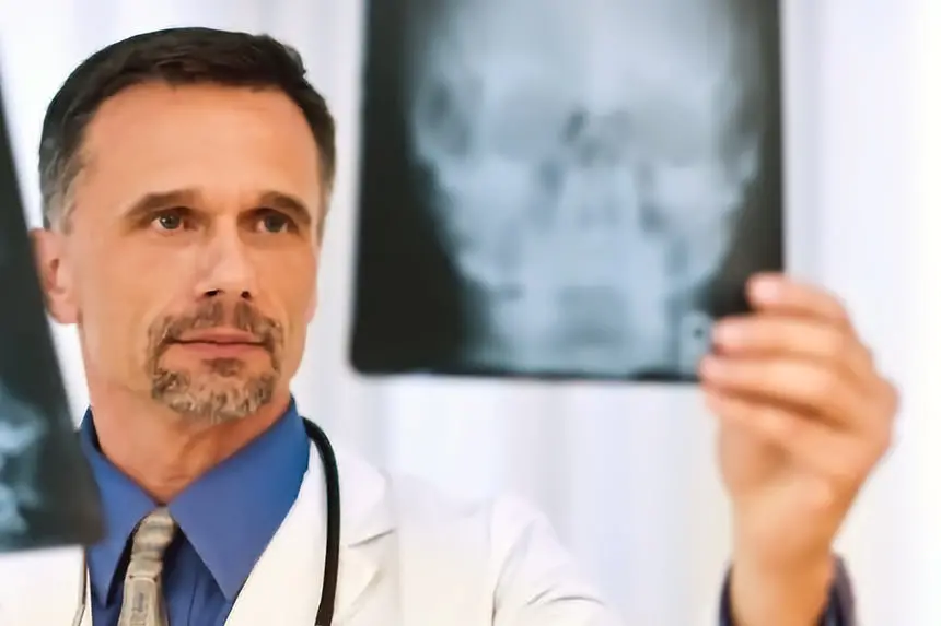Der Arzt betrachtet die Röntgenbilder des falsch ausgerichteten Atlas